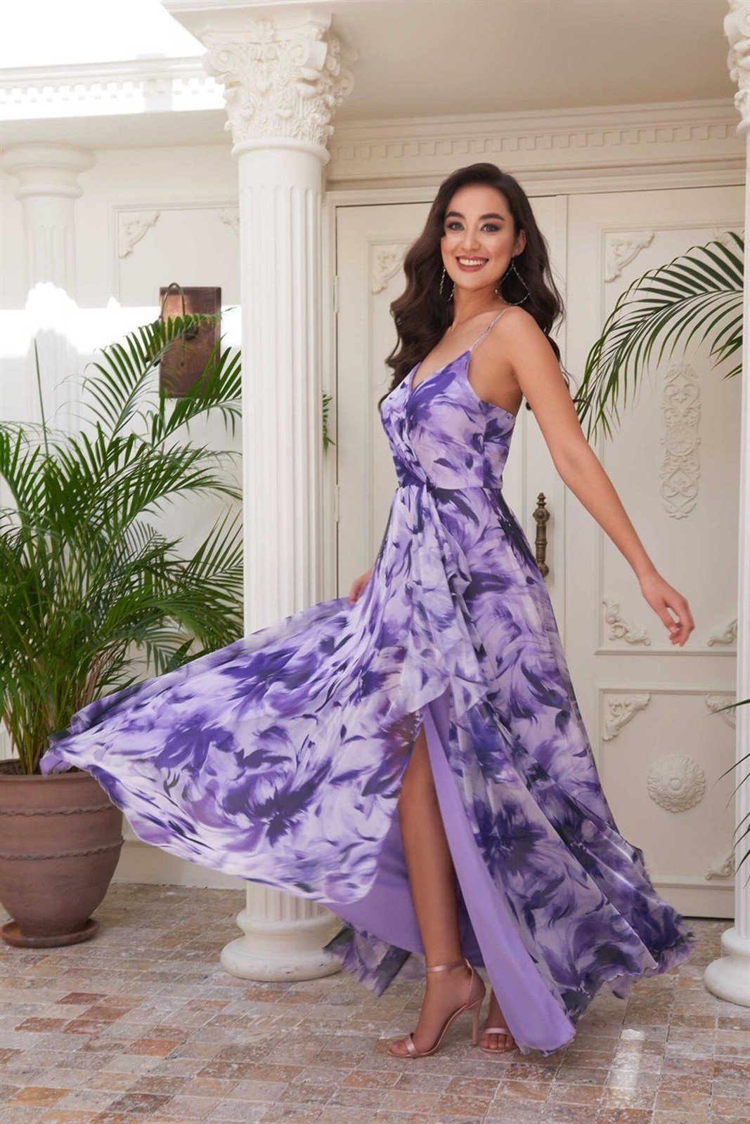 Carmen Purple Printed Strap Long Evening Dress