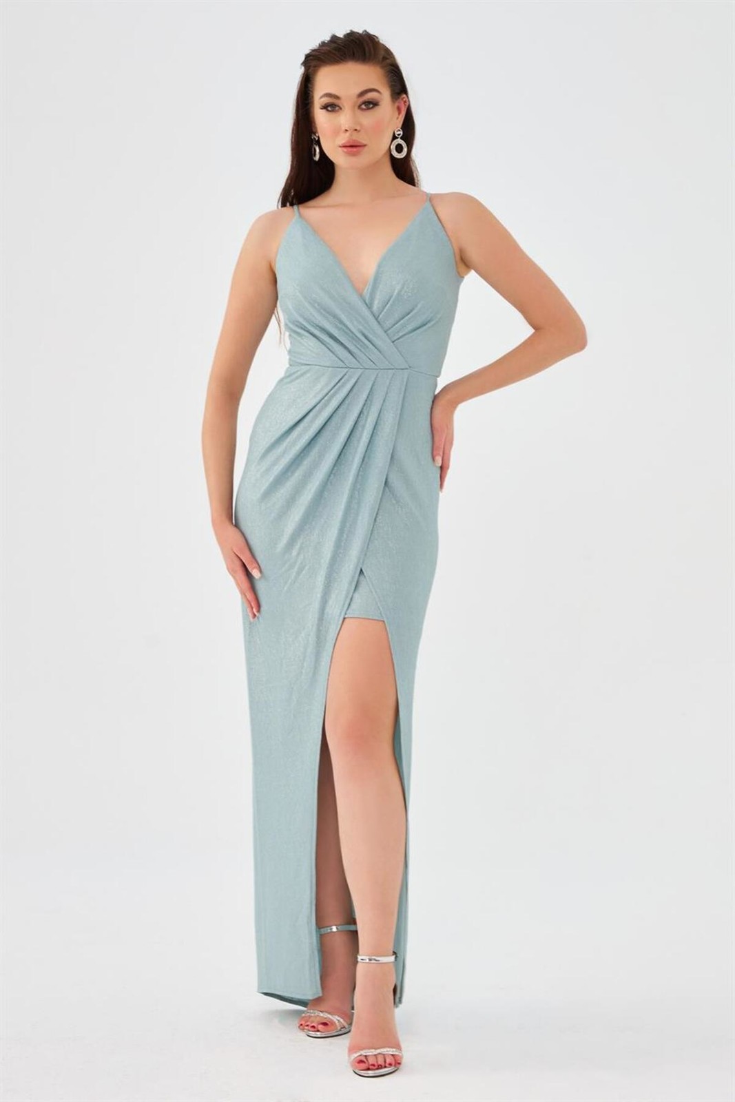 Carmen Mint Lacquered Chiffon Double Breasted Evening Dress with a Slit