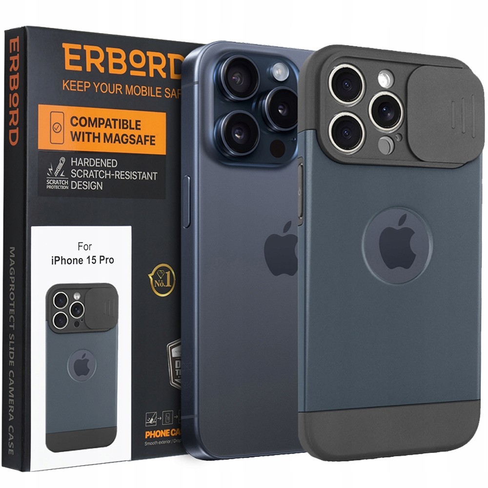 Pancerne Erbord Cam Slide kryt pro iPhone 15 Pro, pro MagSafe, Blue Titanium