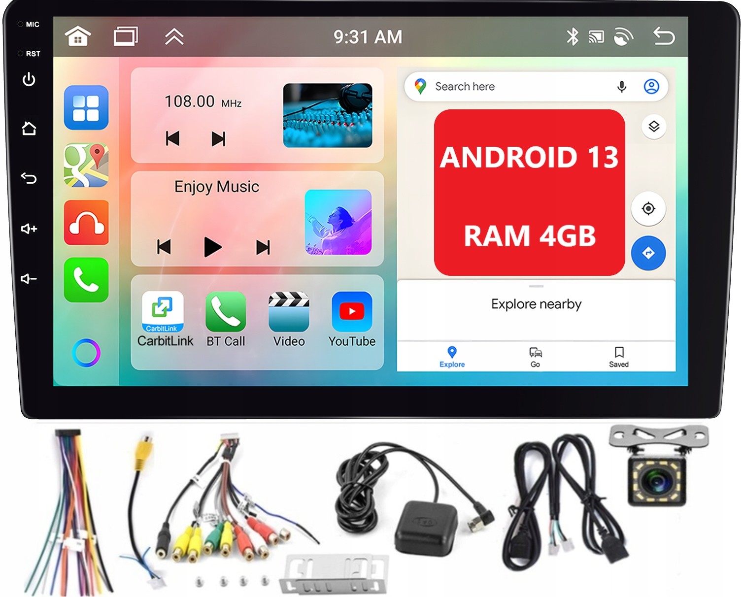 Autorádio 2 Din Android Auto Carplay 4GB/64GB Android 13 Rds Dsp 9