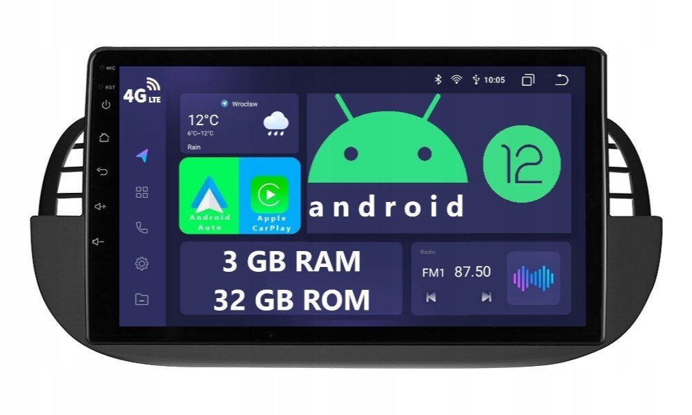 Rádio 2DIN Navigace Android Fiat 500 3/32 Gb Dsp Carplay Lte Qled