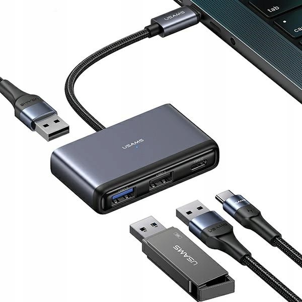 Usams Hub adaptér 4v1 2xUSB 2.0/USB 3.0/ Usb-c šedá/dark grey SJ627HUB01