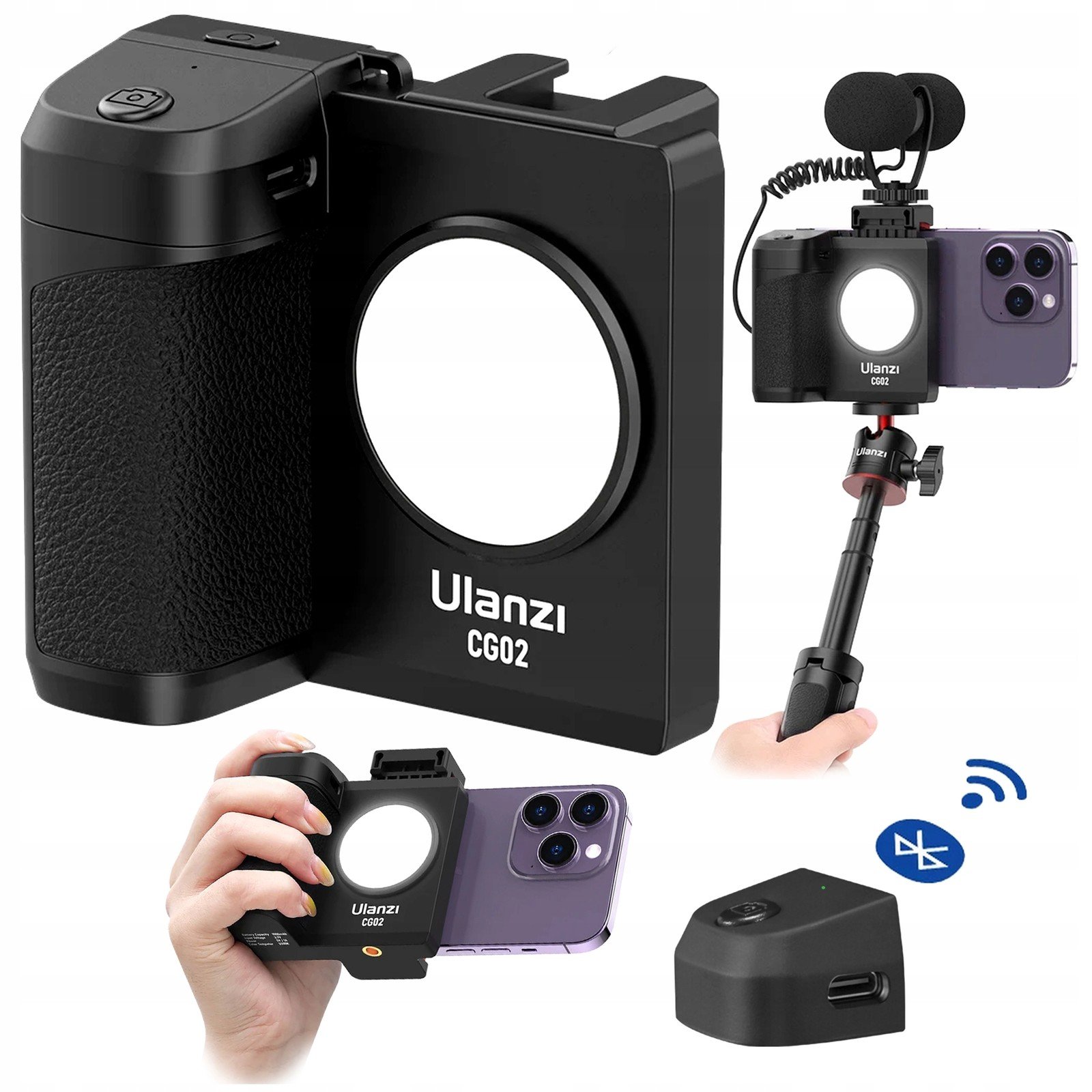 Grip pro telefon Ulanzi CG02 Led lampa dálkové ovládání Bt studená patka