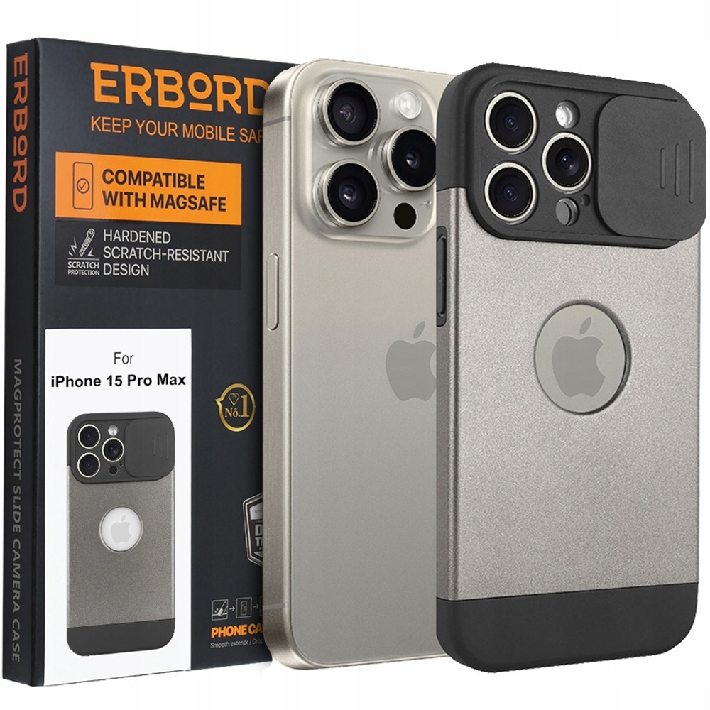 Erbord Cam Slide zadní kryt pro iPhone 15 Pro Max, pro MagSafe, Grey Titanium