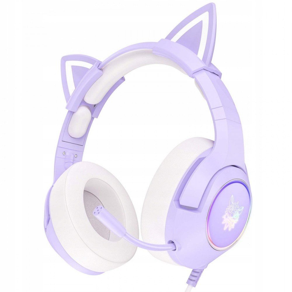 Herní sluchátka Onikuma K9 Rgb kočičí Usb ouška fialová (kabelová)