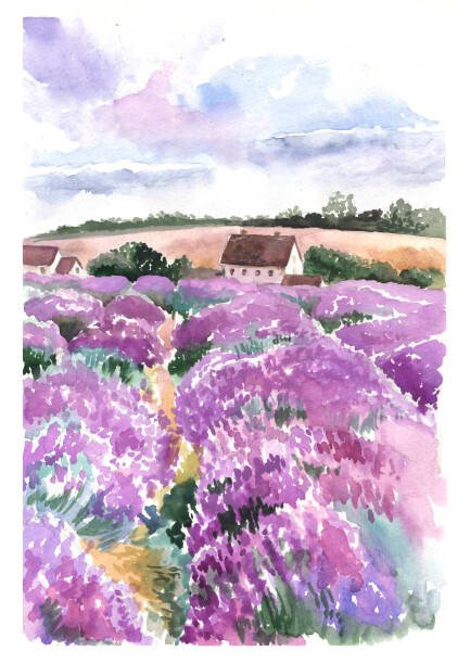 Olena Sergii Ilustrace Watercolor illustration. Spring or summer landscape, Olena Sergii, (30 x 40 cm)