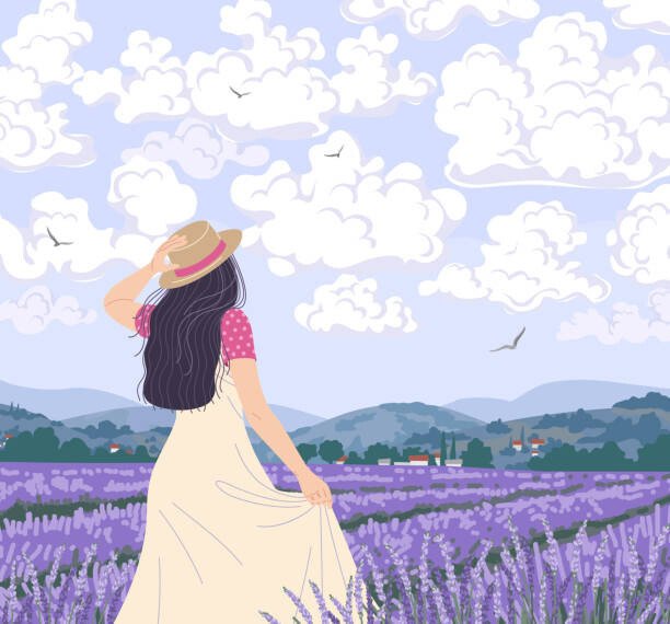 Val_Iva Ilustrace Young Woman Enjoys the lavender Field, Val_Iva, (40 x 35 cm)