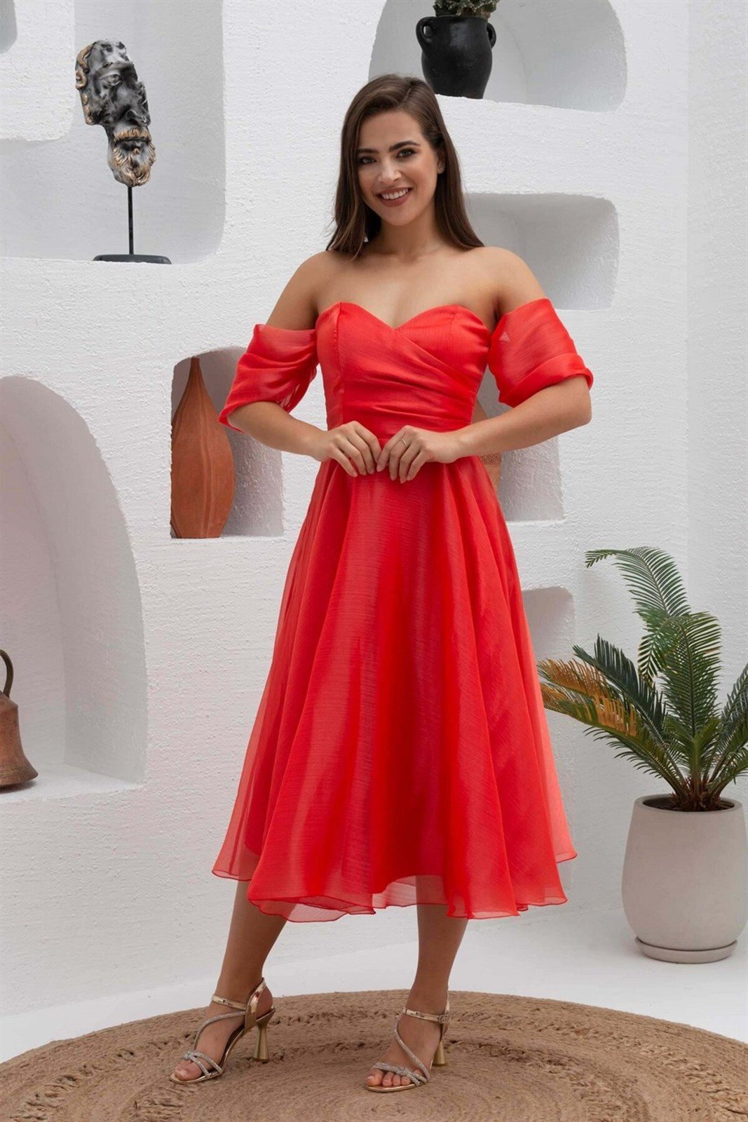 Carmen Coral Low Sleeve Organza Engagement Evening Dress