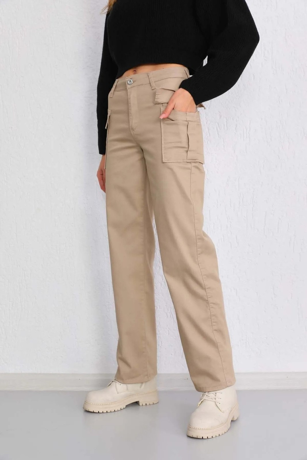 BİKELİFE Cargo Pocket High Waist Straight Fit Lycra Trousers
