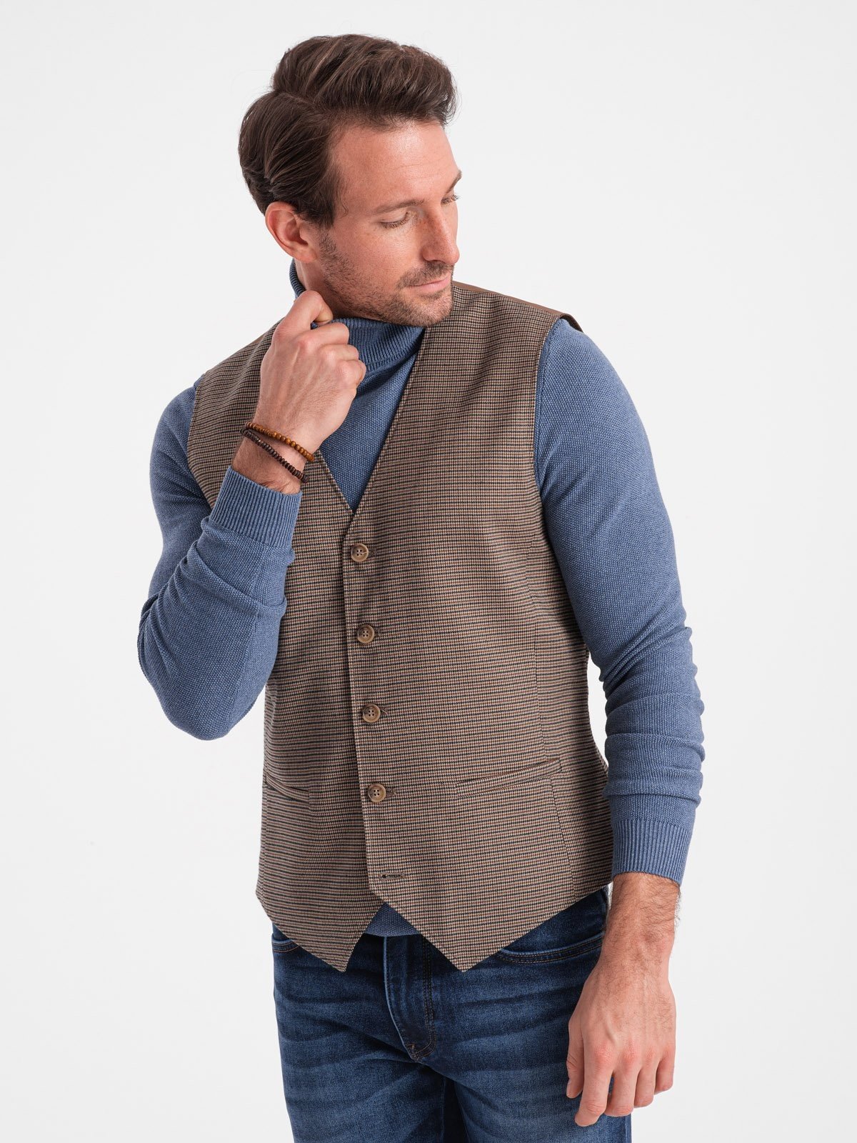 Ombre Jacquard casual men's vest without lapels - brown