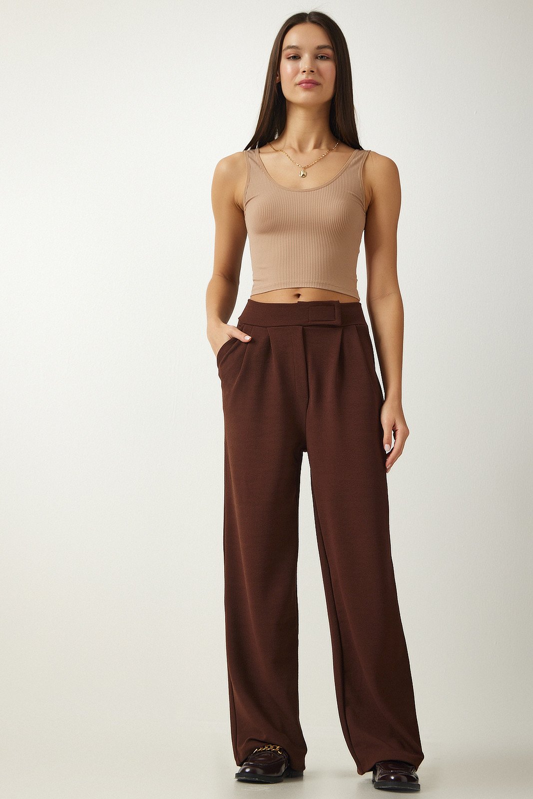Happiness İstanbul Women's Brown Velcro Waist Comfortable Palazzo Pants