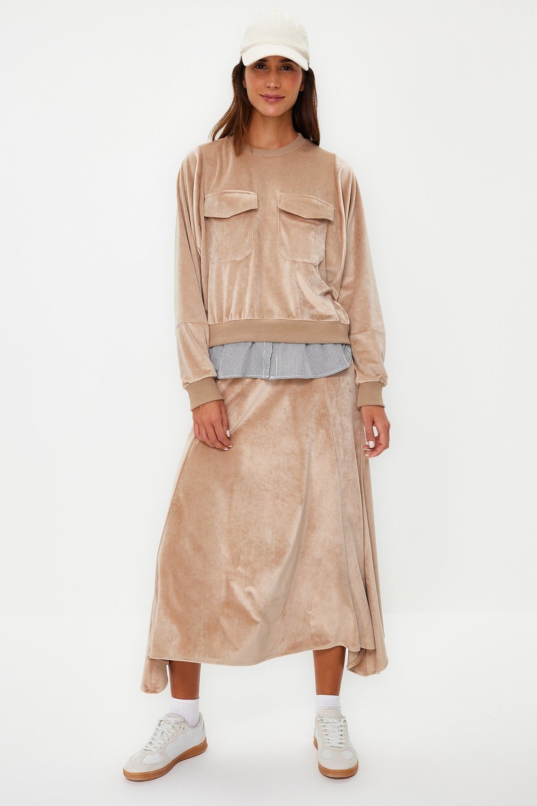 Trendyol Light Brown Velvet Shirt Detailed Knitted Skirt Bottom-Top Set