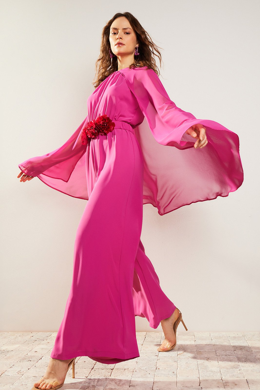 Trendyol Fuchsia Flower Belted Chiffon Cape Satin Evening Dress Jumpsuit