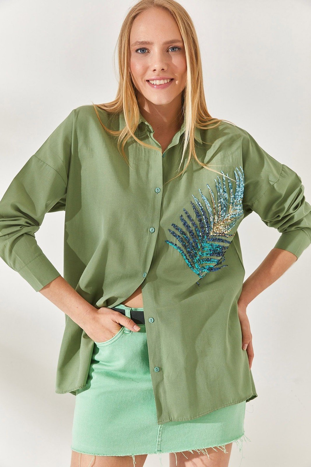 Olalook Mustard Green Palm Sequin Detail Oversized Woven Poplin Shirt