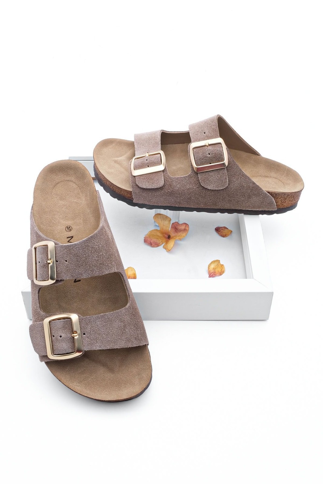 Marjin Women's Genuine Leather Daily Slippers With Double Straps, Eva Sole Poly Mink.