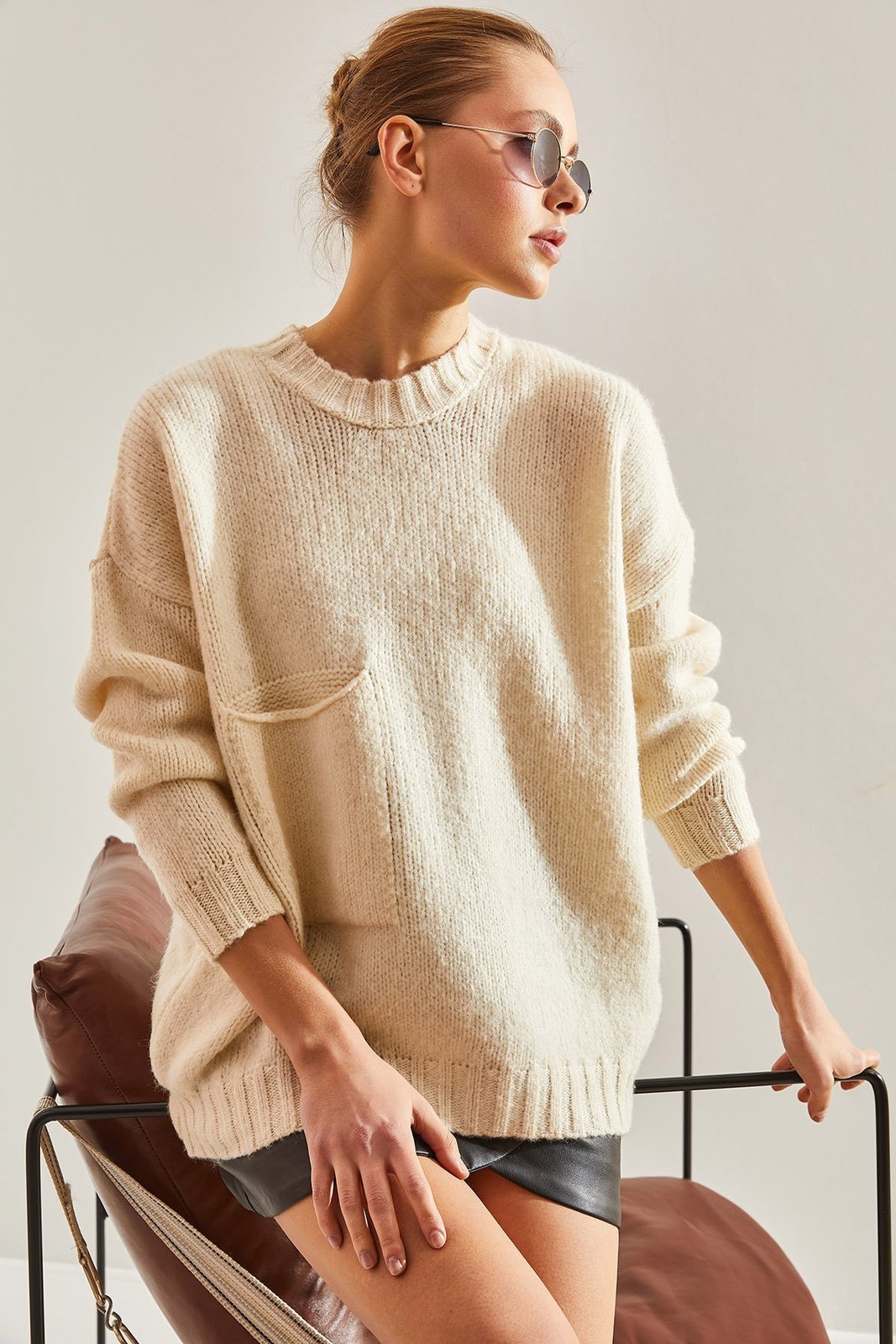 Bianco Lucci Women's Big Pocket Patterned Knitwear Sweater