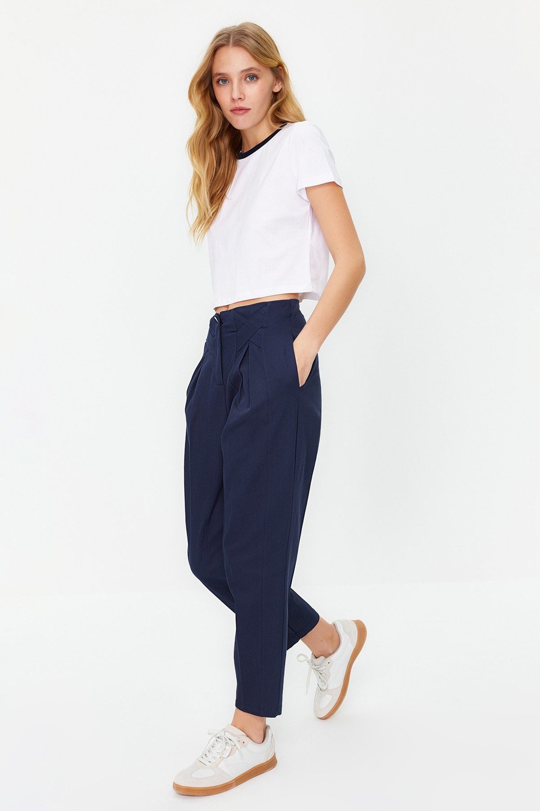 Trendyol Navy Blue Cotton Carrot Pattern Stripe Detailed Woven Trousers