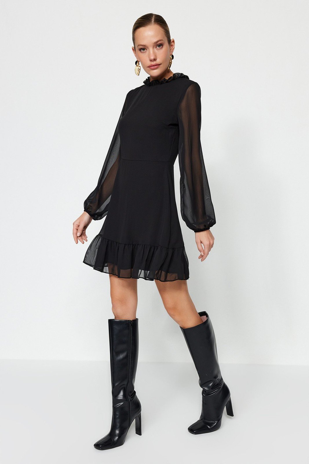 Trendyol Black A-line Ruffle Detailed Mini Chiffon Woven Dress