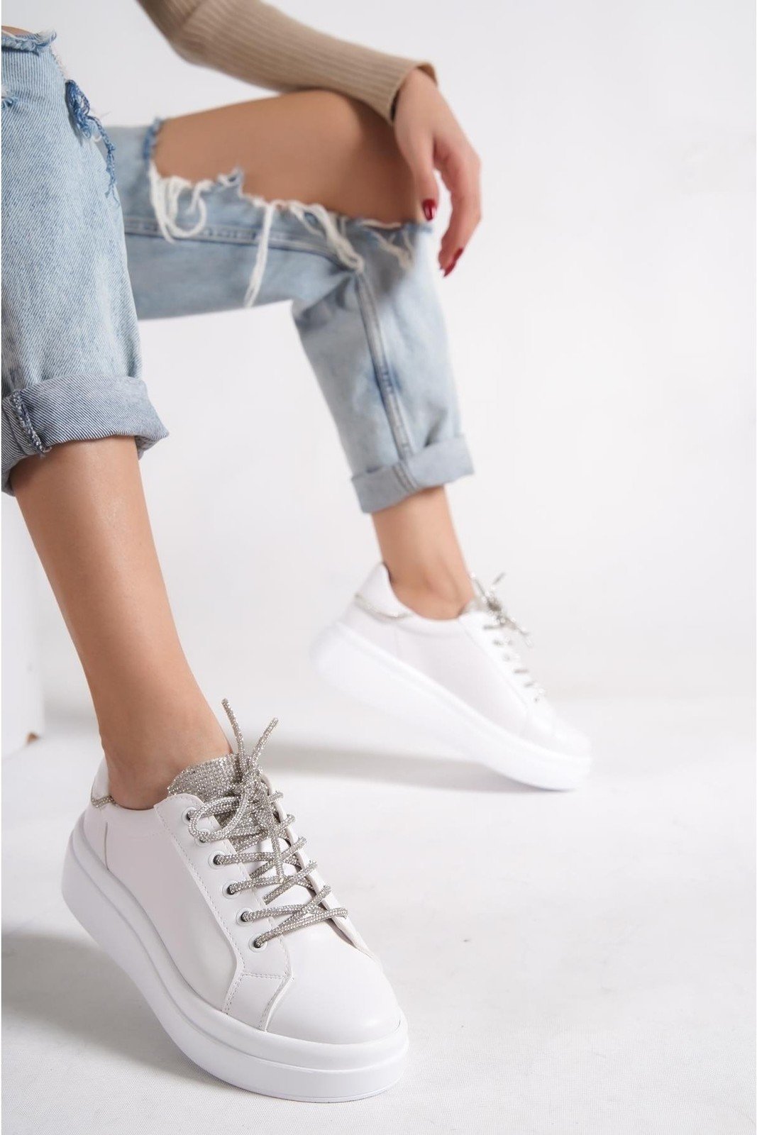 Capone Outfitters Capone Round Toe Women's Sneakers with Stones and Lace-Up White