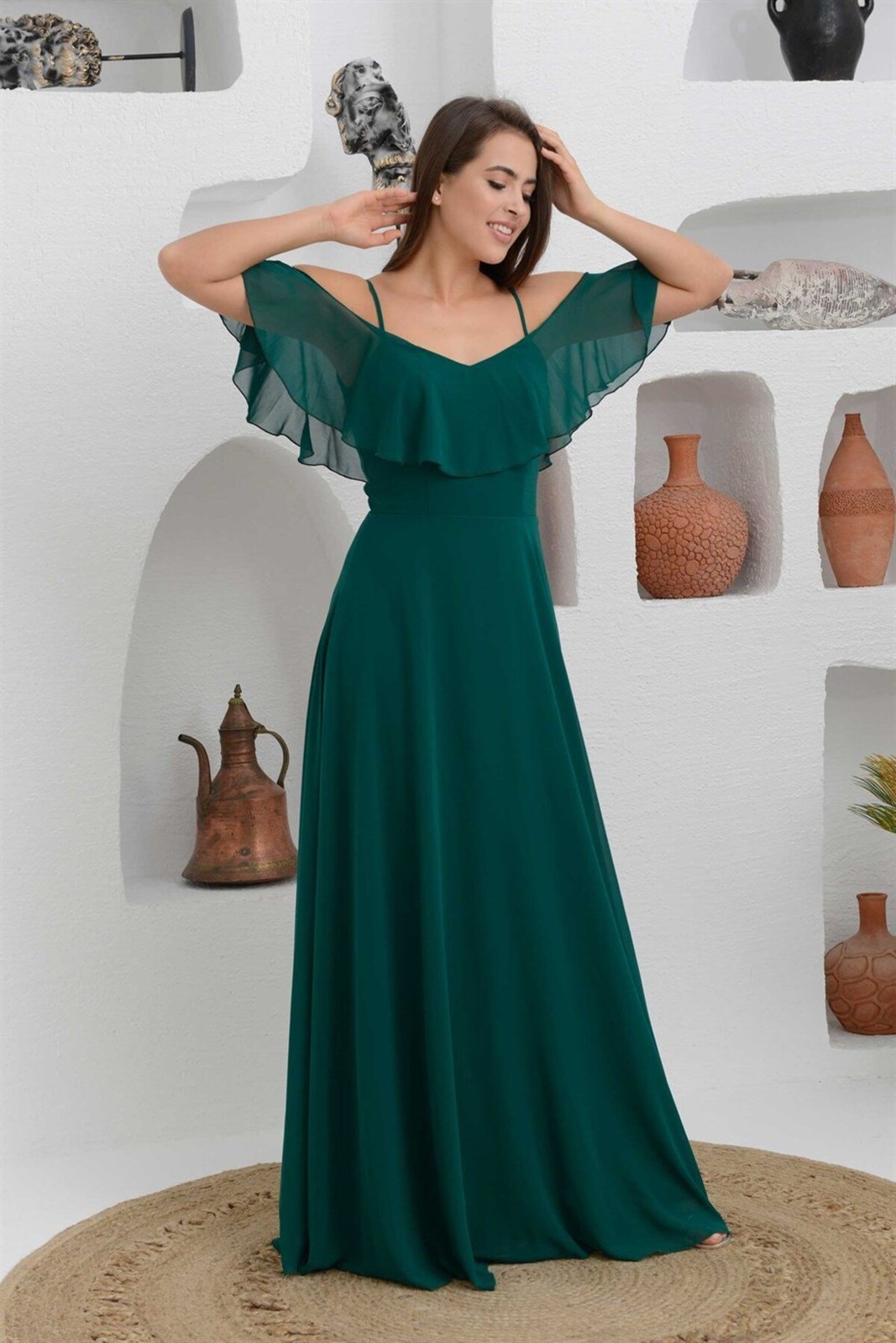 Carmen Emerald Low Sleeves Long Evening Dress with Straps