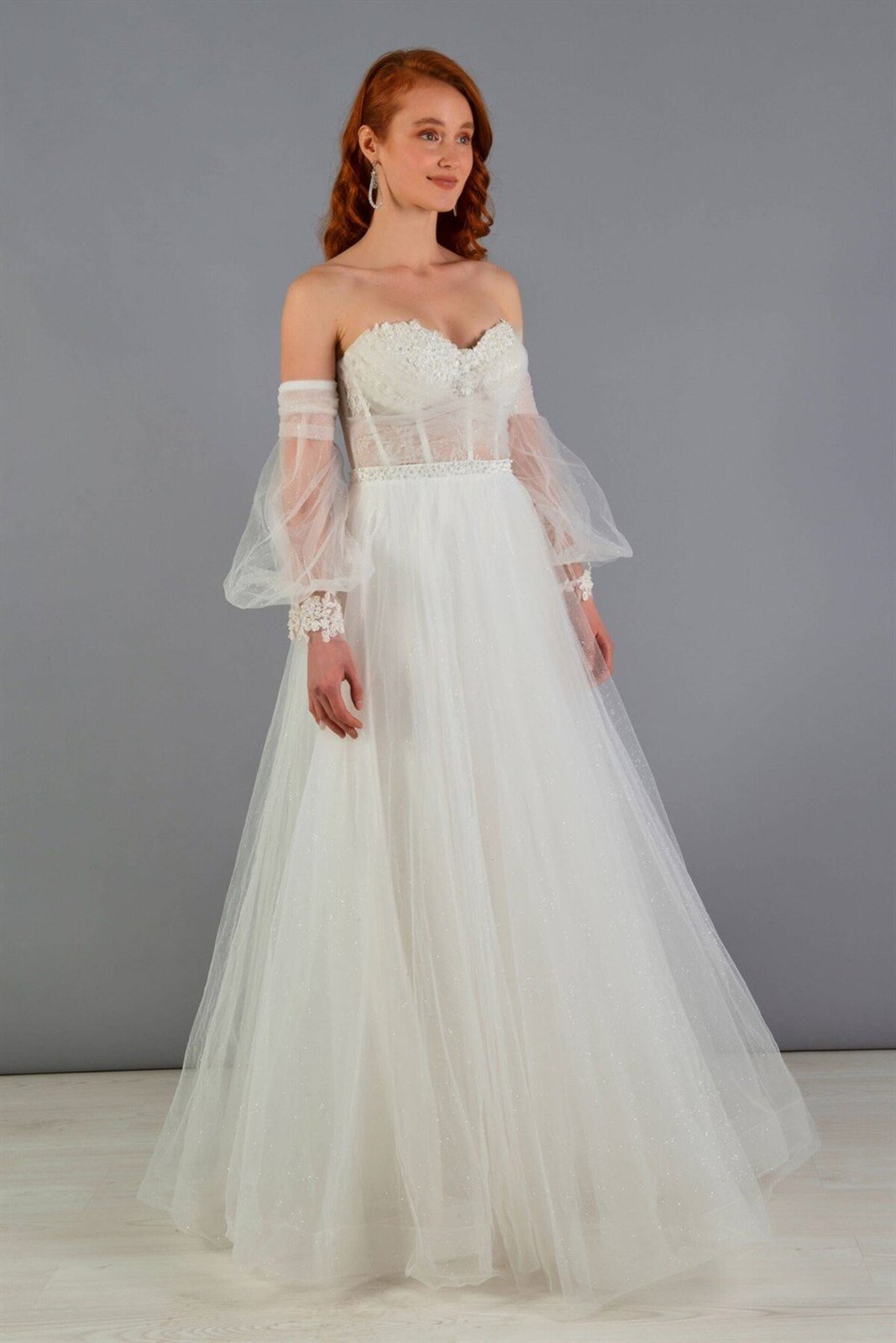 Carmen Tulle Low Sleeve Engagement Party Evening Dress in Ecru