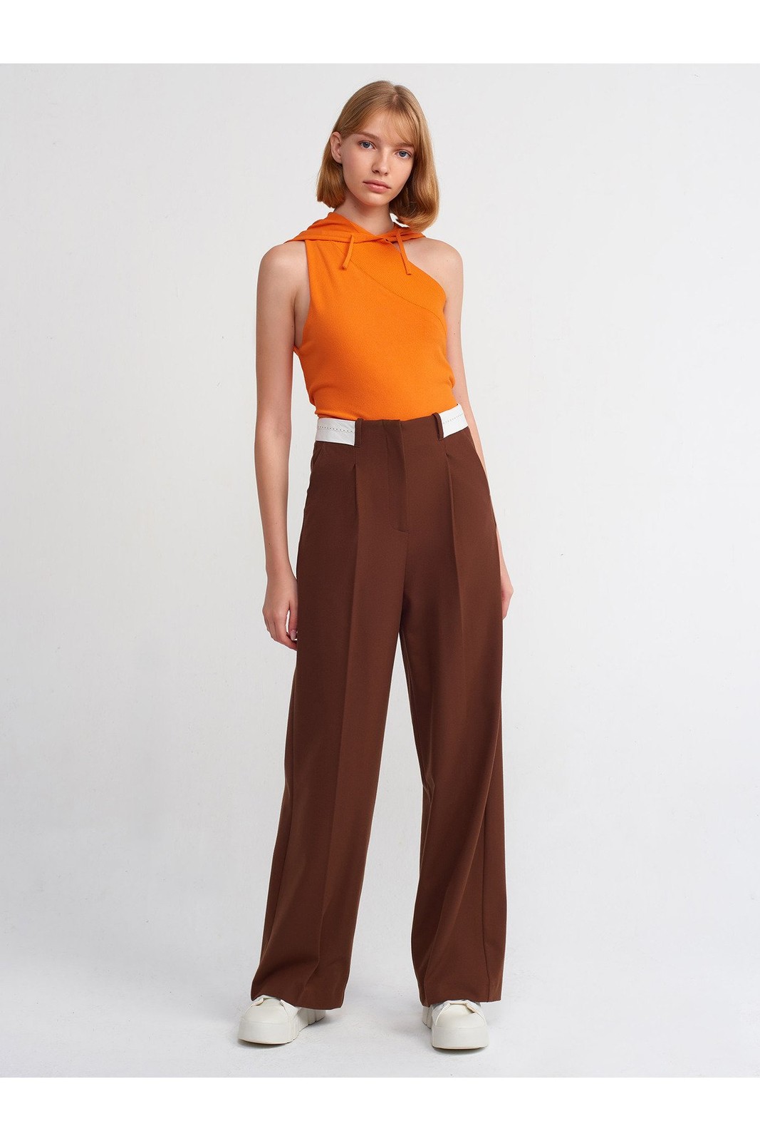 Dilvin 71219 Curved Belt Trousers-Brown
