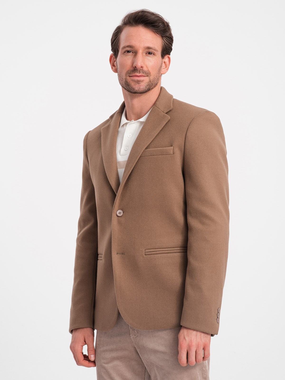 Ombre Men's casual jacket with decorative buttons on cuffs - light brown