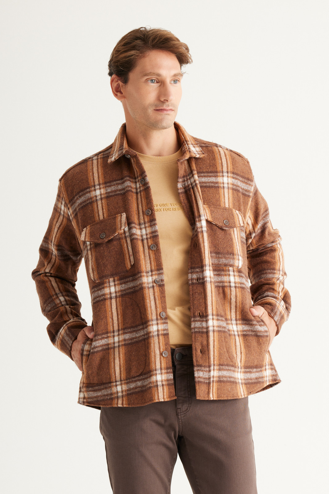 AC&Co / Altınyıldız Classics Men's Brown-mink Oversize Loose Cut Button Collar Checked Lumberjack Winter Shirt Jacket
