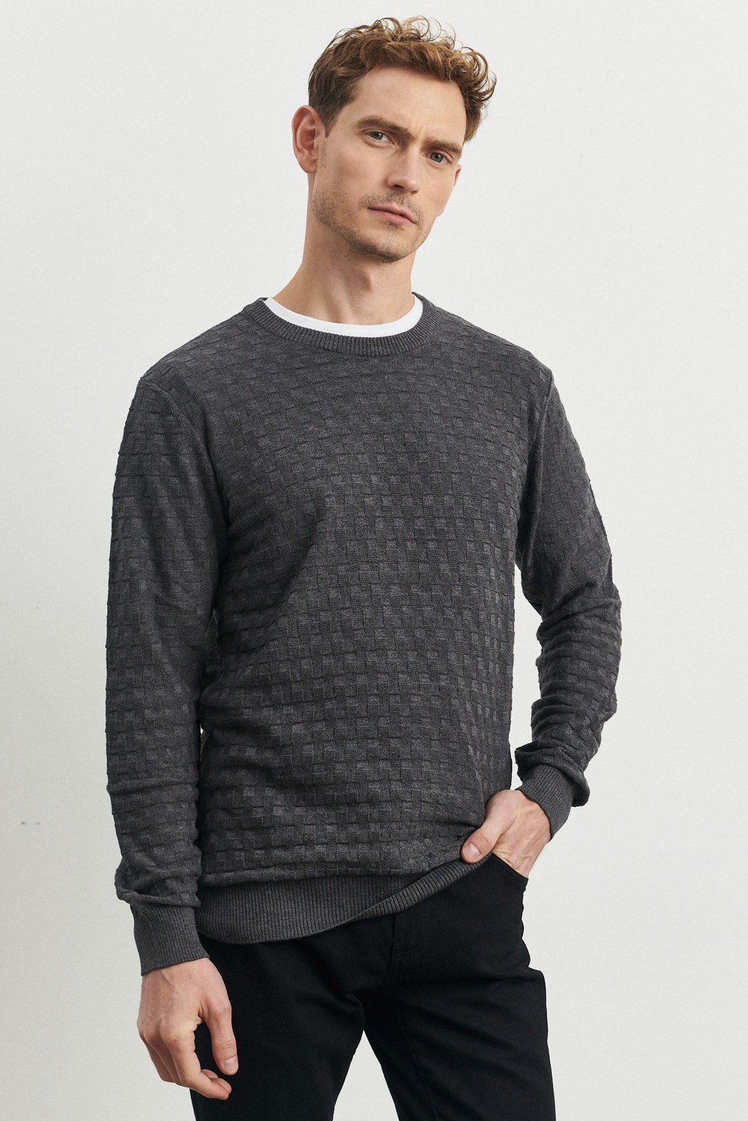 ALTINYILDIZ CLASSICS Men's Anthracite Standard Fit Normal Cut, Bicycle Collar Patterned Knitwear Sweater.