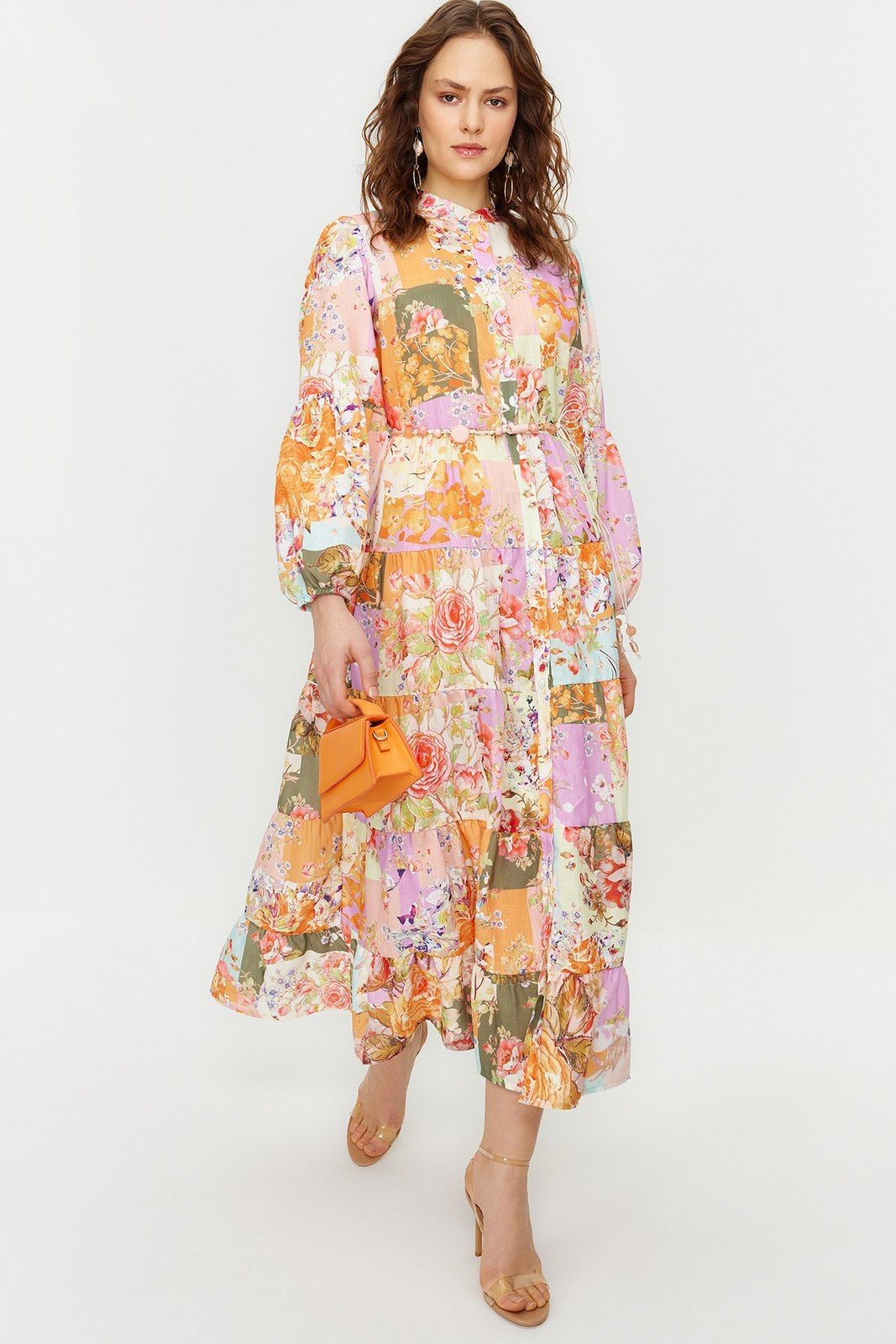 Trendyol Multicolored Floral Patterned Linen Look Woven Dress with Belt Detail