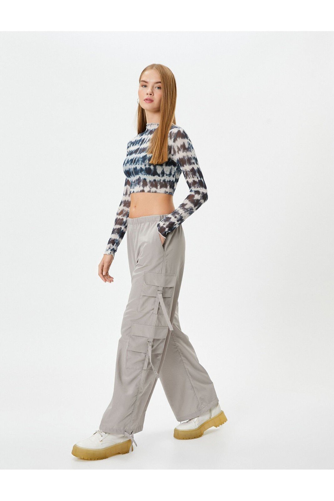 Koton Cargo Pants with Pockets, Elastic Waist, Tie Detail on the Legs