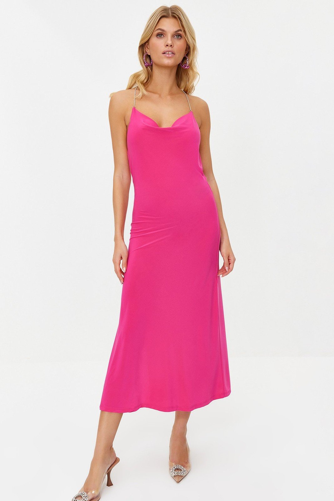 Trendyol Stylish Evening Dress with Fuchsia Stone Accessory Detail
