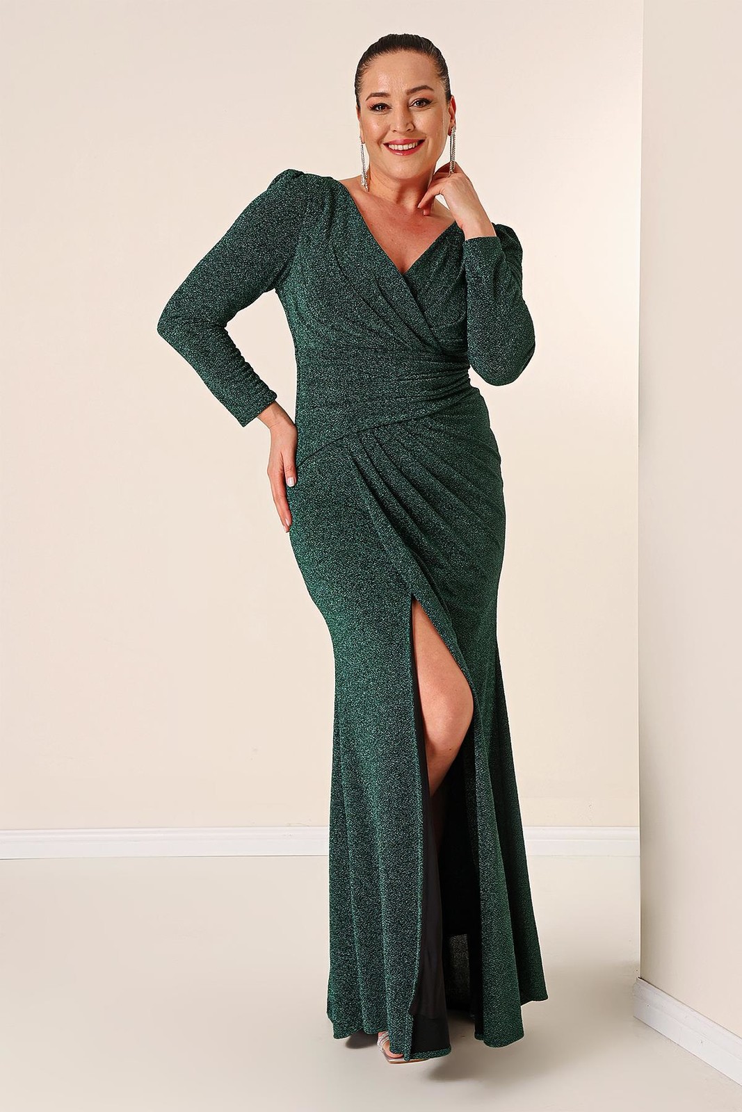 By Saygı Double Breasted Neck Front Draped Long Sleeve Lined Knitted Fabric Glitter Plus Size Long Dress