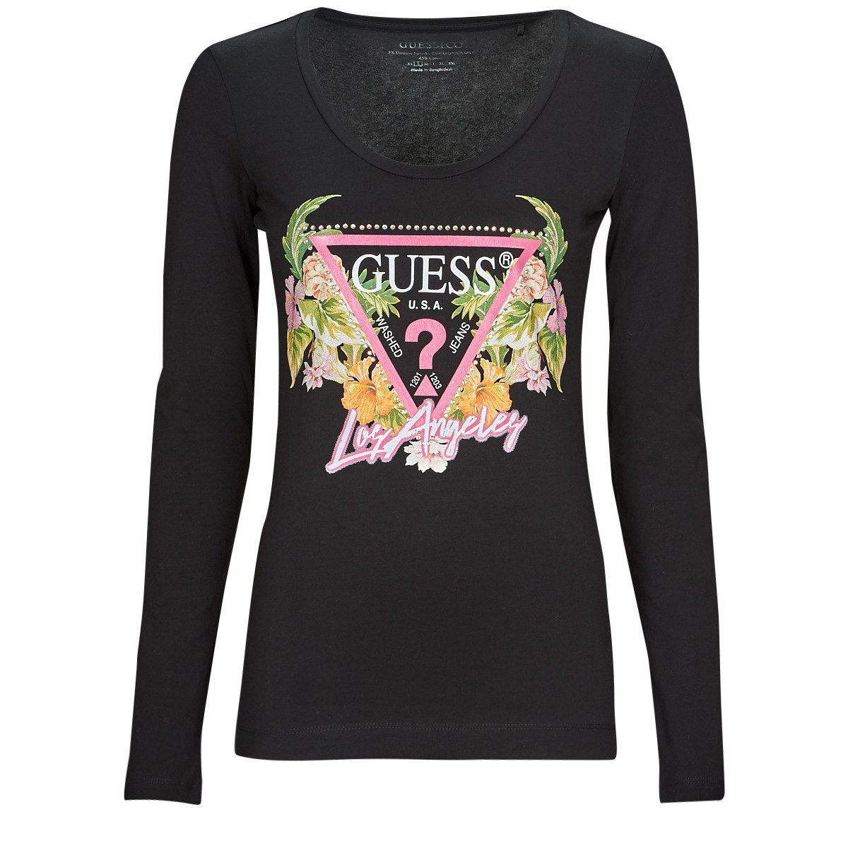 Guess  LS SN TRIANGLE FLOWERS TEE  Černá