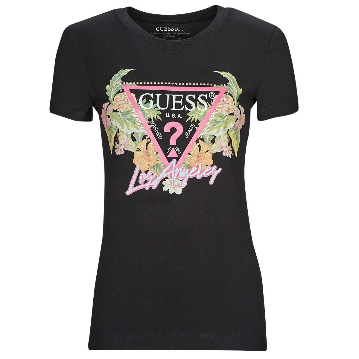 Guess  SS CN TRIANGLE FLOWERS TEE  Černá