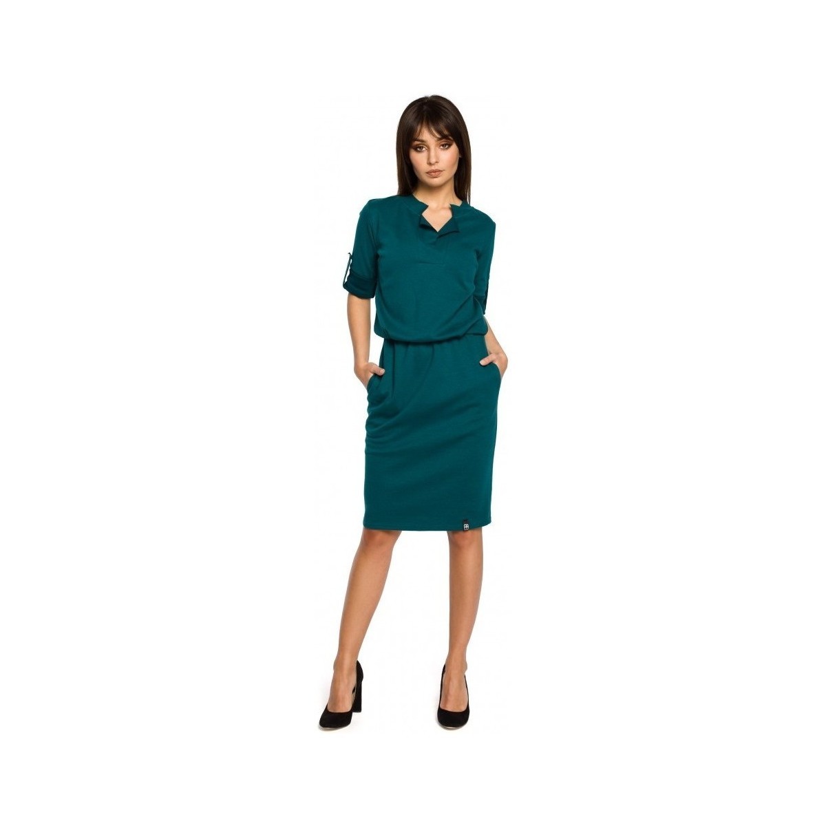 Be  B056 Pletené košilové šaty - zelené  ruznobarevne