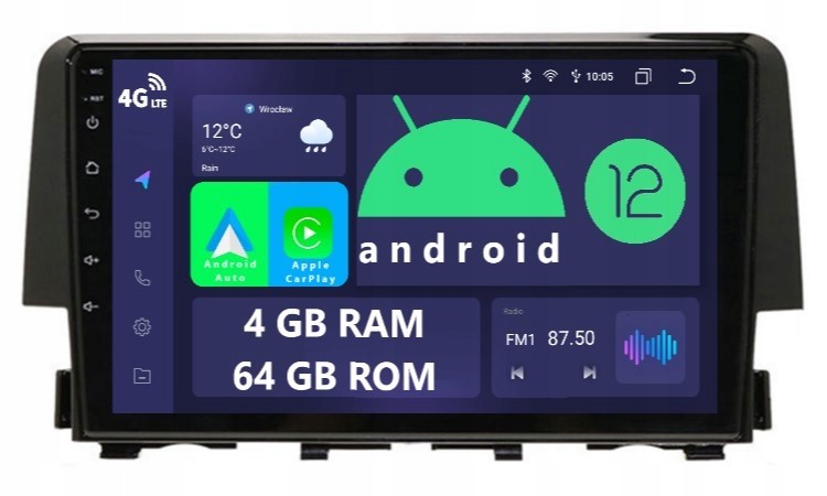 Navigace Rádio 2DIN Android Honda 10 X 4/64 Gb Dsp Carplay Lte