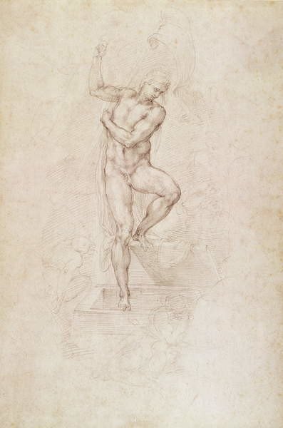 Michelangelo Buonarroti Michelangelo Buonarroti - Obrazová reprodukce W.53r The Risen Christ, study for the fresco of The Last Judgement in the Sistine Chapel, Vatican, (26.7 x 40 cm)
