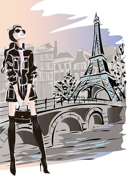 glafira Ilustrace Fashion woman in Paris near Eiffel Tower, glafira, (30 x 40 cm)