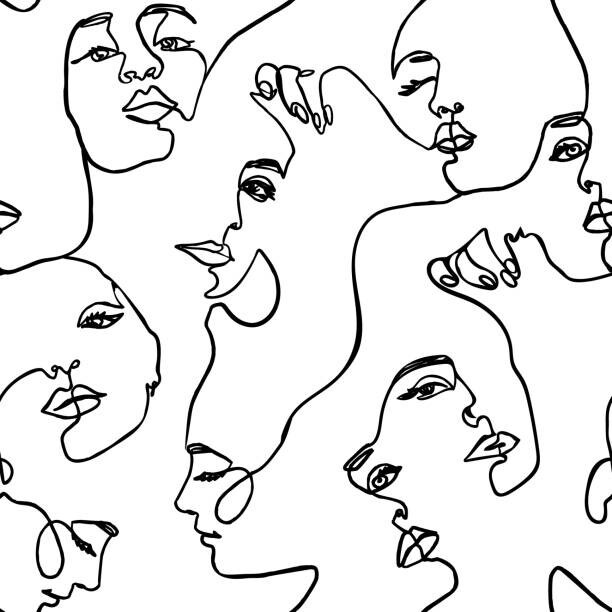 ANASTASIIA DMITRIEVA Ilustrace Continuous line face women seamless pattern, ANASTASIIA DMITRIEVA, (40 x 40 cm)
