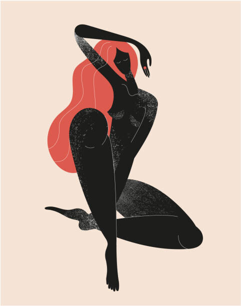 MaryliaDesign Ilustrace Vector stylized woman sitting, long hair,, MaryliaDesign, (30 x 40 cm)