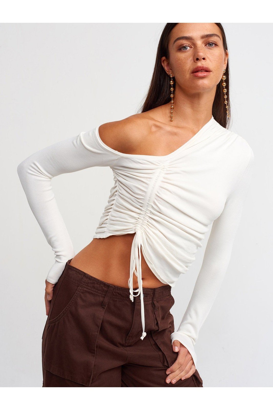 Dilvin 10369 Right Open Shoulder Pleats Sweater-ecru