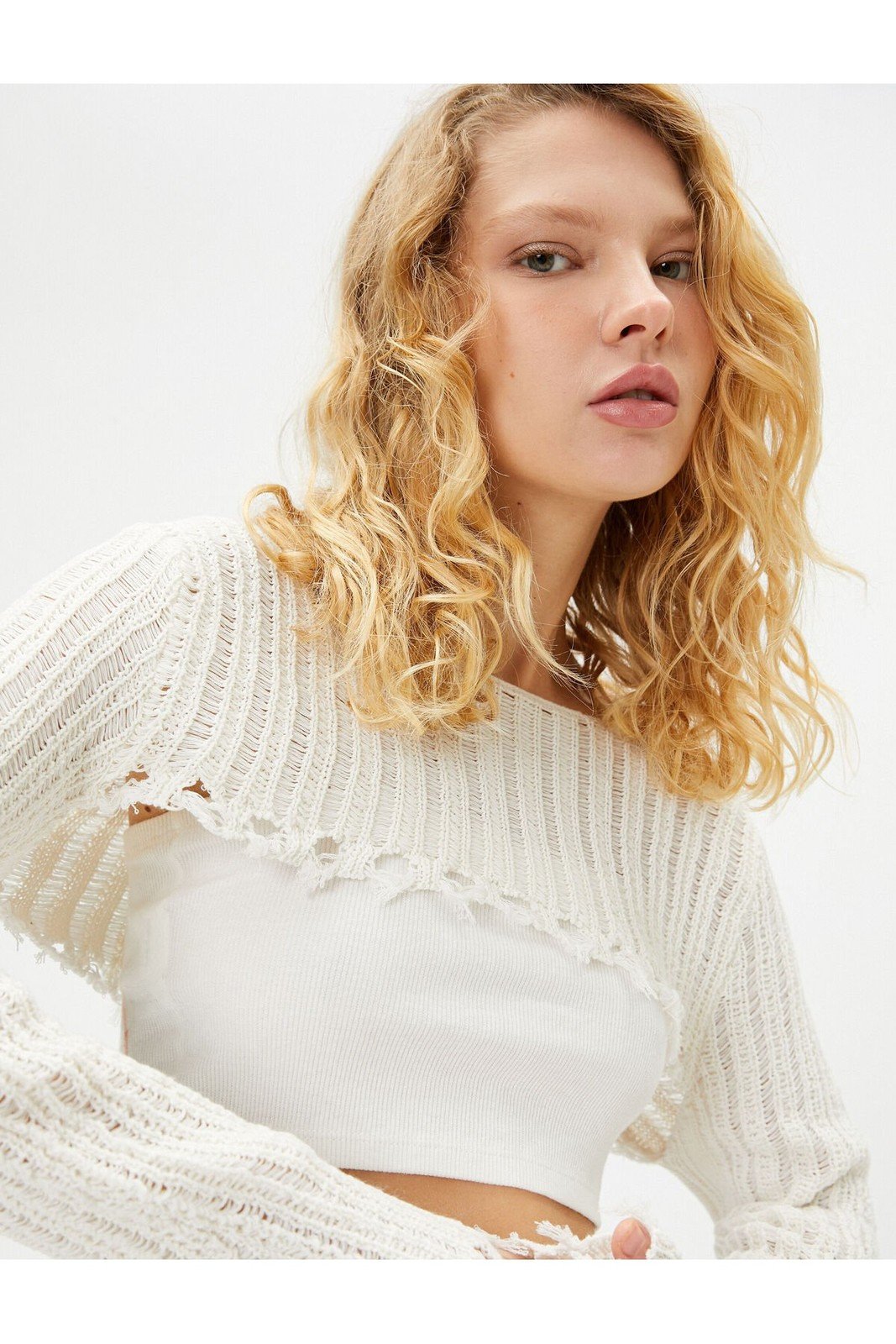 Koton Frayed Openwork Crop Sweater Long Sleeve Round Neck