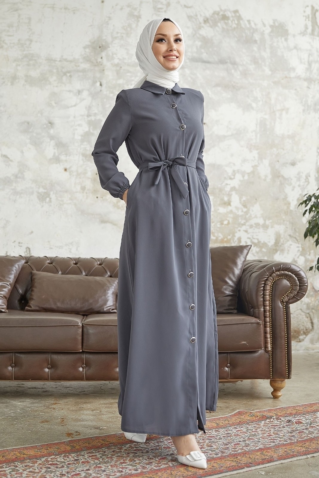 InStyle Linny Buttons Shirt Collar Abaya - Anthracite