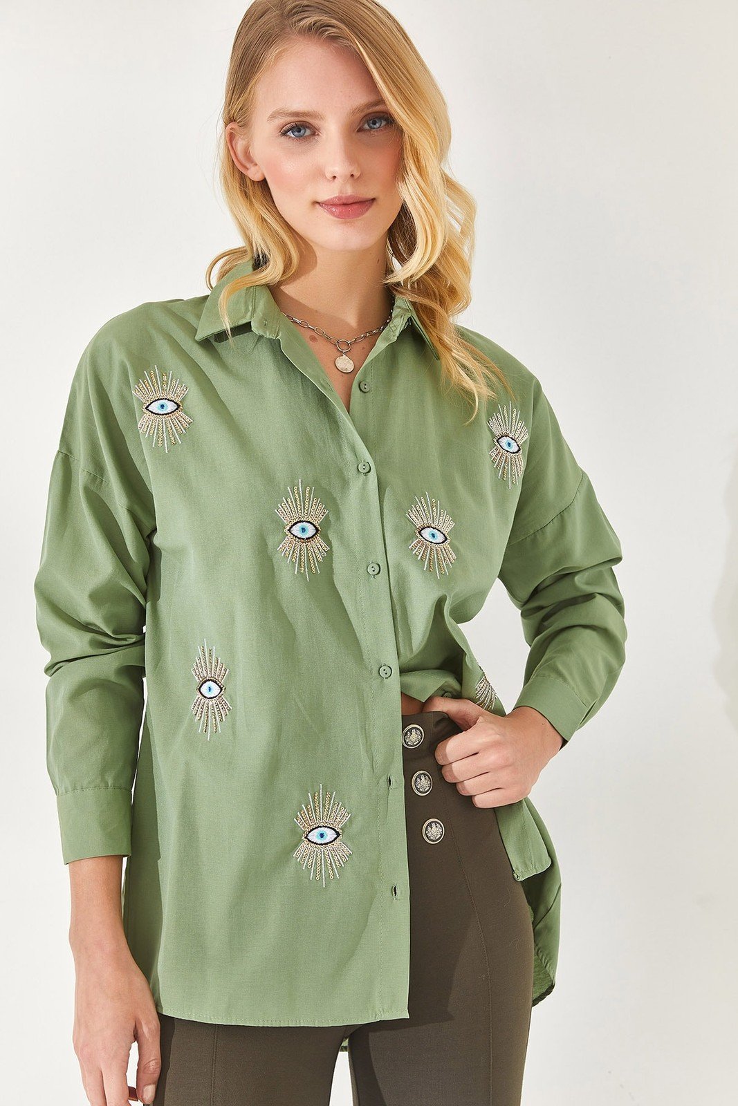 Olalook Mustard Green Sequin Detailed Woven Boyfriend Shirt