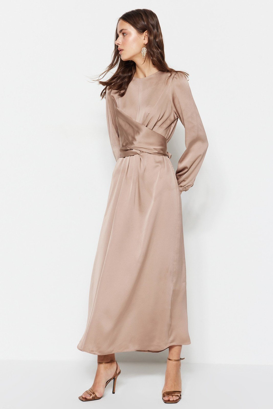 Trendyol Stone Cross-tie Detailed Satin Evening Dress
