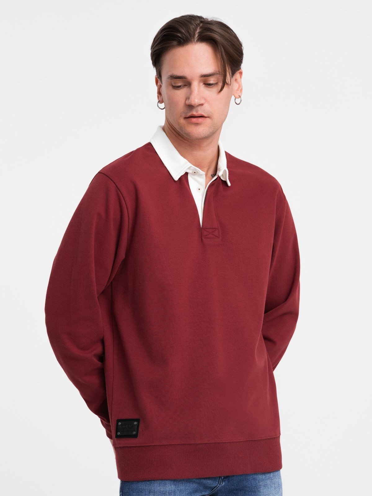 Ombre Men's sweatshirt with white polo collar - maroon