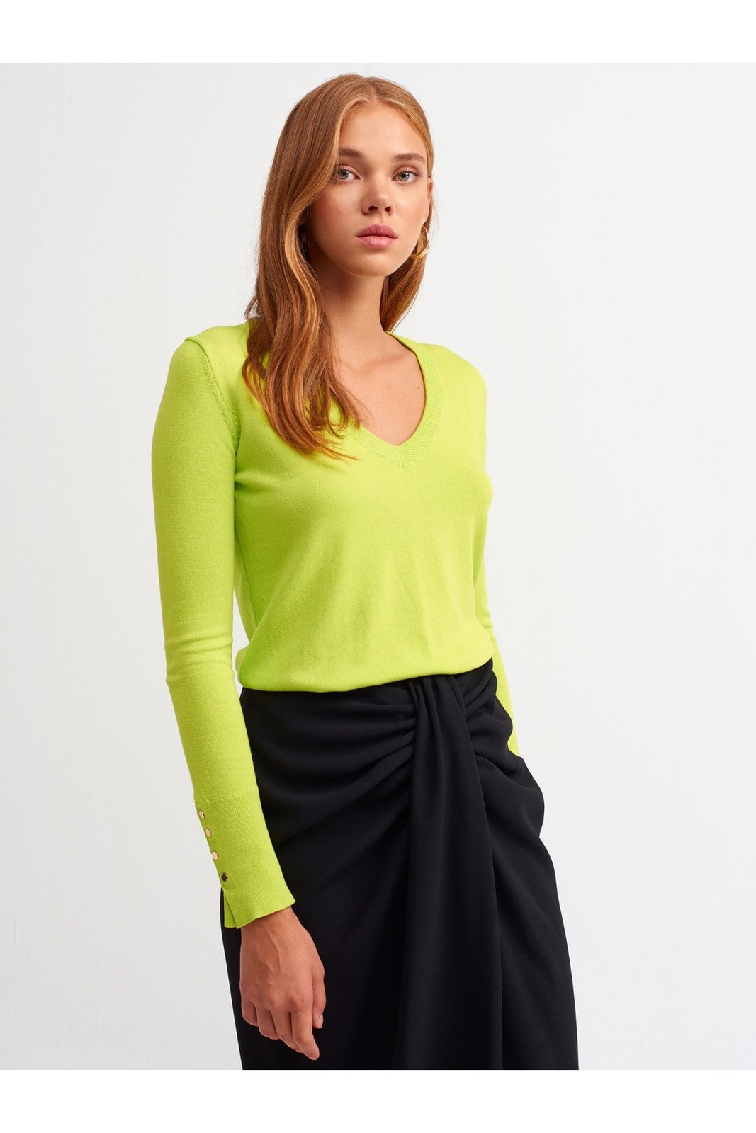 Dilvin 2443 V-Neck Arm Cuff Dropped Sweater-lime