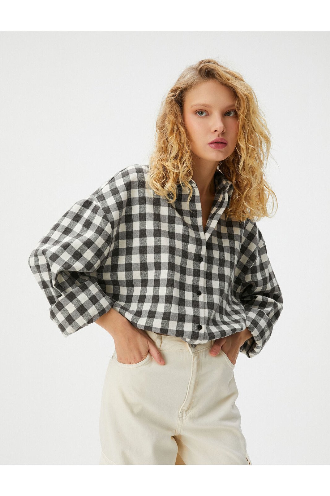 Koton Crop Lumberjack Shirt Tie Waist Long Sleeve Soft Textured