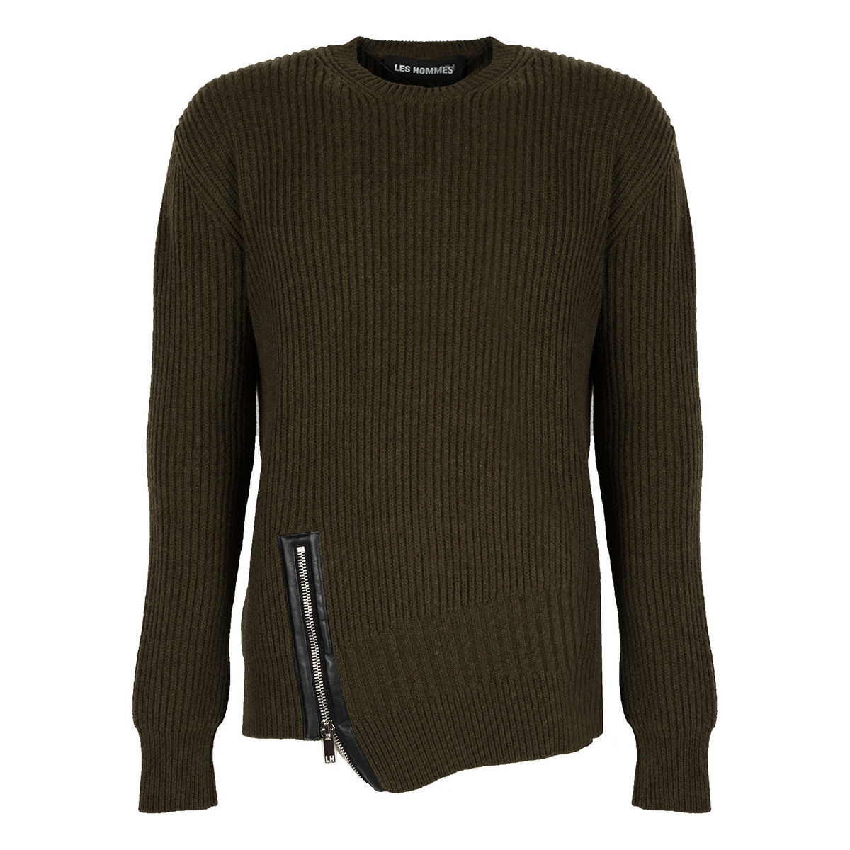 Les Hommes  LJK106-656U | Round Neck Sweater with Asymetric Zip  Zelená